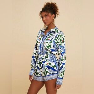 SHEIN Blue and Green Bird Print 2PC Shirt and Shorts Set XS